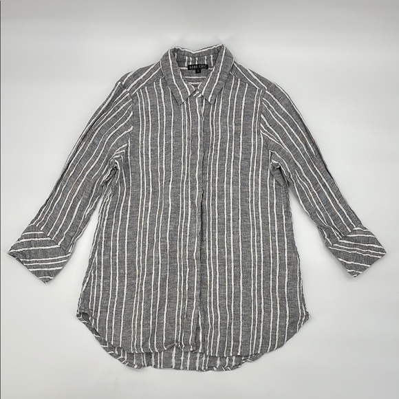 Boho Chic Linen Gray Striped Button-down‎ 3/4 sleeve Shirt size Small - Picture 1 of 6